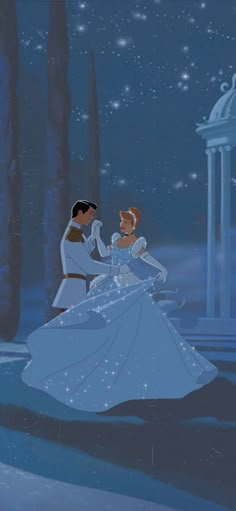 cinderella and prince dancing in the snow at night