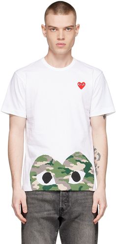 Cotton jersey T-shirt. · Crewneck · Embroidered graphic appliqué at chest · Logo graphic printed at hem Supplier color: White Play Comme Des Garcons, Comme Des Garcons Play, Comme Des Garcons, Logo Graphic, Jersey T Shirt, Cotton T Shirt, White Cotton, Apparel Accessories, Shirts Tops