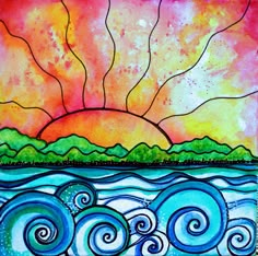 a painting with waves and sun in the background