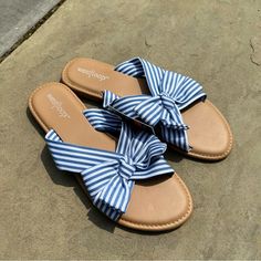 White And Blue Striped Sandals Nwt, New With Tags, Never Worn, Size 7/8 Blue And White Ribbon Style Straps West Loop Brand Flat Sole Casual, Party, Spring, Summer, Beach, Vacation, Relaxation, Lounge Message Me With Questions Blue Summer Slides For Beach Season, Trendy Blue Slides For Summer, Casual Blue Sandals For Summer, Blue Round Toe Slides For Vacation, Blue Flat Sandals For Summer, Blue Flat Slides For Summer, Summer Blue Slides For Vacation, Flat Blue Slides For Summer, Trendy Blue Slides For Spring