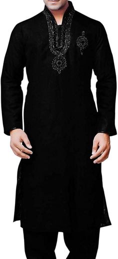 Mens silver hand embroidered work on neck and left chest full sleeves without cuff long kurta pyjama made from black color pure linen fabric. It has bottom as pyjama made from same fabric. Kurta pyjama 2 Pc (Jacket, Pyjama). Made from black color pure linen fabric. Perfect for weddings,graduation ceremoney,dating, meeting, yacht party, banquet, hosts' wearing,etc Dry Clean Only: Made in India Black Embroidered Sherwani Straight Kurta, Ceremonial Black Kurta With Dabka, Ceremonial Black Kurta With Dabka Details, Black Sherwani With Chikankari Embroidery For Festivals, Traditional Black Straight Kurta Sherwani, Black Long Sleeve Kurta For Transitional Season, Black Straight Kurta For Traditional Ceremonies, Black Festive Kurta For Ceremonial Occasions, Black Kurta For Ceremonial And Transitional Seasons