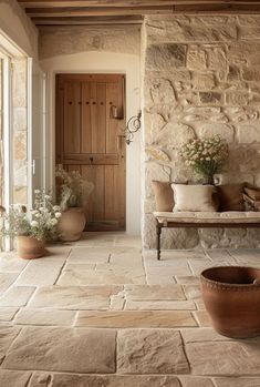 Rustic hallway color scheme featuring earthy tones and natural hues that bring warmth and depth to the space Hallway Design Ideas, Rustic Hallway, Deco Champetre, Hallway Design, Stone House, Stone Work, Make Yourself, Rustic Interiors