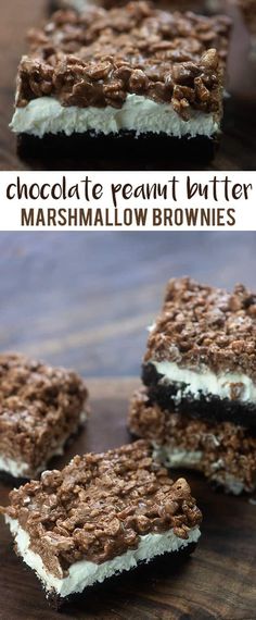 chocolate peanut butter marshmallow brownies are stacked on top of each other