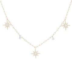 Trend-worthy and full of sparkle, this station necklace features celestial stars accented with round brilliant cut diamonds totaling 0.99 carats. Celestial Necklace With Cubic Zirconia And Diamond Accents, Celestial Cubic Zirconia Necklace With Diamond Accents, Celestial Stars, Diamonds Direct, Starburst Necklace, Cz Necklace, Station Necklace, Fantasy Jewelry, Round Brilliant Cut Diamond