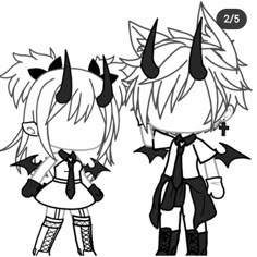 two anime characters with horns and bats on their heads, one is black and white