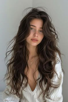 Wavy Hair Lengths, Woman With Long Brown Hair, Birthmark On Face, Long Brown Hair Aesthetic, Wavy Hair Brunette, Wavy Hair Girl, Dark Hair Women, Straight And Wavy Hair, Volume Hairstyles