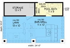 the floor plan for a small house with two bathrooms and an attached kitchenette area