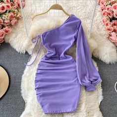 Materials: other Size: one size Color: red, light green, lake blue, purple, brown, black, off white. Gray Purple Dress Outfits, Dress Outfits Party, Light Purple Dress, Vestidos Casual, Elegant Outfit Classy, Mode Abaya, High Fashion Outfits, Purple Outfits, Purple Mini Dresses