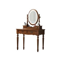 a wooden vanity with a mirror and drawers on it's sides, in front of a white background