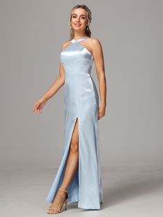 Halter Sleeveless Soft Satin Bridesmaid Dress Fitted Sleeveless Bridesmaid Dress For Prom Season, Sleeveless Fitted Bodice Dress For Prom, Sleeveless Bridesmaid Evening Dress For Prom, Sleeveless Evening Dress For Bridesmaids And Prom, Fitted Maxi Length Halter Bridesmaid Dress, Sleeveless Bridesmaid Evening Dress, Fitted Maxi-length Halter Bridesmaid Dress, Fitted Maxi Length Halter Dress For Bridesmaids, Sleeveless Bridesmaid Gown