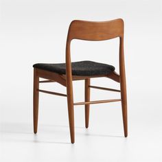 a wooden chair with black fabric seat pad