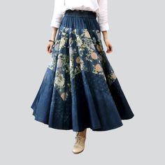 Introducing the 2023 Spring-Summer Collection's Color Flowers Print Denim Skirt – the perfect combination of street trend and modern chic!Why You'll Love This Street StapleThis painted fit-and-flare high-waisted denim skirt is designed to flatter your figure and make a statement. Crafted from premium quality denim, it features an eye-catching color flowers print, a resilient rubber closure, and a sleek slim fit, for a look that is both relaxed and on-trend.Key Highlights: Street Style: Elevate y Spring Casual Non-stretch Denim Skirt, Non-stretch High Waist Denim Skirt For Spring, Casual Non-stretch Denim Skirt For Spring, Trendy Flare Skirt For Spring, Casual Denim Blue Skirt For Spring, Fitted Flare Denim Skirt For Summer, Summer Denim Bottoms With Floral Patchwork, Spring Denim Blue Flare Skirt, Spring Flare Denim Blue Skirt