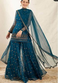 Astha Narang, Gharara Designs, Sharara Designs, Kurta Sharara, Blue Organza, Short Kurta