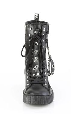 Half skate shoe, half wicked creeper. Demonia Sneekers are a comfy shoe with an edge. Black vegan leather fishnet Cone studs Buckle decal 1 1/2" (38mm) platform rubber sole Striped contrast side panels Riveted handing strap Chain details Inner side zip closure High Top Lace-up front Mid-Calf boot U.S mens sizing, refer to size chart for more info. Punk Festival, Comfy Shoe, Gothic Shoes, Skate Shoe, Body Harness, Black 13, Comfy Shoes, Grab Bags, Goth Punk