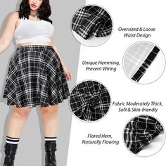 Women's Plus Size Mini Plaid Skirt - Black & White丨Moon Wood Black Knee-length Skort For Spring, Plaid Skirt Outfit Plus Size, Casual Black Knee-length Mini Skirt, Trendy Non-stretch Black Mini Skirt, Trendy Black Non-stretch Mini Skirt, Plus Size Knee Length Skirt Plaid, Checkered Skirt Plus Size, Plus Size Plaid Mini Skirt, Black Non-stretch Skort