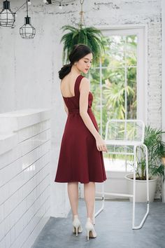 Baverly - Open Back Dark Red Dress Burgundy Dress Long Party Dress Vintage Modern Swing Dance Dress Red Square Neck Dress For Wedding, Banquet Midi Dress With Square Neck And Fitted Bodice, Square Neck Midi Dress With Fitted Bodice For Banquet, Red Square Neck Wedding Dress, Burgundy Dresses With Sweetheart Neckline And Fitted Bodice, Elegant Red Midi Dress With Square Neck, Burgundy Dress Long, Red A-line Vintage Summer Dress, Red A-line Fit And Flare Dress