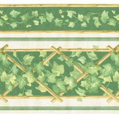 a green and white striped wallpaper with ivy leaves on the border, along with gold trimmings