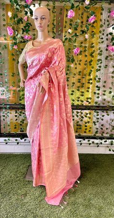 Baby Pink Authentic Banarasi Floral Jaal  pure Katan Silk handloom Saree with Zari Border  A Banarasi saree is a canvas where centuries of tradition meet contemporary elegance. Imagine a master weaver, his hands moving with practiced ease, guiding threads of gold and silk into intricate patterns that shimmer like moonlight on water. This is the magic of a Banarasi saree - 6 yards of wearable art, woven with unmatched skill and a deep well of creativity. This particular saree is a masterpiece. Th Banarasi Motifs, Katan Silk, Banarasi Saree, Banarasi Sarees, Handloom Saree, Blouse Fabric, Intricate Patterns, How To Feel Beautiful, Wearable Art