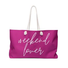 Our oversized Weekender Tote is perfect for your weekend at the beach or in town. The wide-mouthed, durable bag holds a generous amount of personal items and is easily held by its thick rope handles. .: 100% Spun Polyester.: T-bottom.: Cream sheeting interior lining.: One size: 24" x13" Pink Tote Travel Bag For Weekend, Pink Tote Beach Bag For Weekend, Pink Rectangular Beach Bag For Weekend, Casual Pink Beach Bag For The Weekend, Casual Pink Beach Bag For Weekend, Pink Tote Weekender Bag, Pink Rectangular Travel Bag For Weekend, Large Capacity Bags For Weekend Beach Season, Weekender Bag With Double Handle