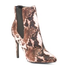 Charles David Heeled Booties Faux Fur Snake Print Elastic 4.5” Heel Pointed Toe Women’s Size 9 Brown Heeled Boots With 4-inch Heel For Fall, Brown High Heel Boots With 4-inch Heel, Brown Pointed Toe Party Booties, Brown High Heel Booties For Party, Brown Ankle Boot Heels For Party, Brown Party Booties For Winter, Brown Winter Party Booties, Winter Party Brown Booties, Brown Round Toe Heeled Boots For Night Out