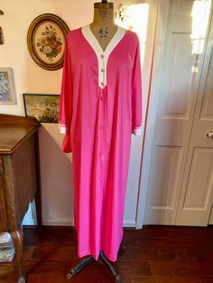 Incredible pink ombré kaftan. Totally reminds me of Mrs Roper from Three's Company. Size large--will easily fit up to a modern day 12. In excellent vintage condition expect for some yellowing around the color. Makeup stains maybe? Ankle length. Bohemian Pink Sleepwear For Loungewear, Pink Bohemian Sleepwear For Loungewear, Long Pink Summer Sleepwear, Long-sleeved Pink Vintage Robe, Pink V-neck Robe For Loungewear, Pink Full Length Sleepwear For Loungewear, Full Length Pink Sleepwear For Loungewear, Pink V-neck Nightgown For Home, Pink Full Length Sleepwear For Lounging