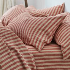 Sandstone Red Pembroke Stripe Linen Blend Pillowcase (Pair) | Piglet in Bed US Deck Chairs, Striped Linen, Pillowcase, Linen Blend, Breathable Fabric, Pillow Cases, Envelope, Collage, Red