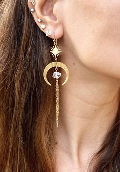 🌙Small size crystal moon earrings for a perfect boho chic look that compliment any outfits! for These moon and angel aura crystal are so light weight and super comfy to wear. Perfect crescent moon bohemian witchy look. ✨Please note option for hooks: Silver plated Gold plated Sterling Silver 14k Goldfilled ✨Please note the gemstone option is for the round beads at the top. The Crystal at the bottle will be as pictured -White Quartz -Moonstone -Amethyst -pearl ✨Moon and Sun connector are gold/sil Celestial Moon Charm Crystal Earrings, Celestial Moonstone Earrings With Moon Phase, Mystical Moon Charm Dangle Crystal Earrings, Moonstone Moon Charm Drop Earrings, Celestial Moonstone Earrings With Moon Charm, Celestial Moonstone Earrings, Celestial Moon Charm Dangle Crystal Earrings, Sun Angel, Angel Aura Crystal