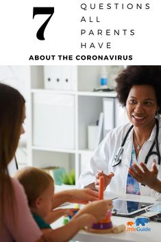 a woman in a doctor's coat talking to two children at a table with the text 7 questions all parents have about the corona