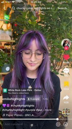 Black And Purple Hair Highlights, Brown Hair With Lilac Highlights, Purple To Black Hair, Long Purple Hair With Bangs, Short Purple Braids, Purple Hair Streaks Brown, Chunky Purple Highlights For Brown Hair, Purple Chunky Highlights Brown Hair, Chunky Highlights Color