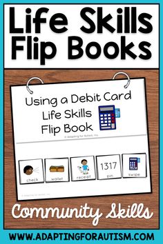 a sign that says life skills flip books using a debt card to help kids learn their money