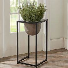 a potted plant sitting on top of a metal stand in front of a window