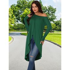 Introducing the perfect addition to your wardrobe - the long-sleeved asymmetrical irregular hem top for spring and fall. This versatile top matches perfectly with any pants, high-waist jeans, leggings, and shoes like sandals or heels. It's the ideal choice for both day and evening occasions, adding a touch of elegance and style to any outfit. The off-shoulder and asymmetrical hem details add a bit of charm, making it a must-have for any fashion-forward individual. Don't miss out on this fashion Green Fitted Top With Asymmetrical Neckline, Asymmetrical Green Stretch Top, Casual T-shirt With Asymmetrical Hem And Stretch, Cheap Asymmetrical Solid Color T-shirt, Affordable Stretch Asymmetrical T-shirt, Eyelet Blouse, Target Clothes, Irregular Hem, Woman Weaving