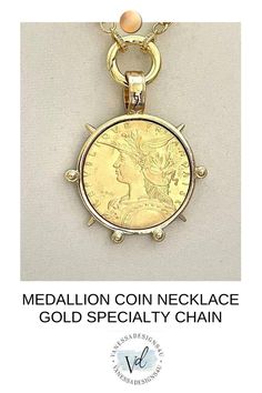 MEDALLION COIN NECKLACE-GOLD SPECIALTY CHAIN-FRENCH COIN PENDANT French Coins, Gold Coin Necklace, Art Deco Pendant, Medallion Necklace, Gold Coin, Brass Gold, Coin Necklace, Coin Pendant, Gold Coins