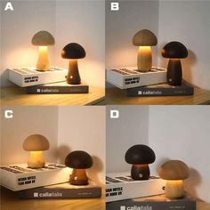 four different views of the same mushroom lamp on top of a box with instructions for how to light it up