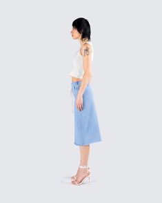 Simple, but chic 👏 Pairing an ivory sweater pattern top with a blue column midi denim skirt - this fit is the perfect casual everyday look to dress up or down 💙 Casual Knee-length Everyday Skirt, Casual Everyday Knee-length Skirt, Summer Midi-length Denim Skirt, Denim Blue Midi Length Skirt For Summer, Denim Blue Midi Denim Skirt For Summer, Trendy Midi-length Denim Skirt For Spring, Trendy Midi Denim Skirt For Spring, Chic Cotton Denim Skirt For Spring, Chic Denim Skirt For Spring