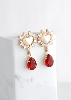 Elegant Red Chandelier Earrings With Intricate Design, Luxury Red Traditional Chandelier Earrings, Red Heart-shaped Earrings For Wedding, Elegant Luxury Ruby Chandelier Earrings, Red Ruby Earrings With Intricate Design, Red Crystals, Ruby Red, Red Heart, Long Earrings