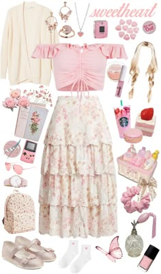 Cottagecore Outfits Pink And Green, Red And Pink Outfit Ideas, Pretty Feminine Outfits, Pink Hippie Outfit, Pink Cottagecore Outfits, Pink Fairycore Outfits, Floral Aesthetic Outfit, Softgirl Aesthetic Outfits, Maximalist Outfit Ideas