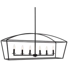 a black chandelier with five candles hanging from the bottom and four lights on each end