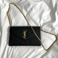 In Excellent Condition! Authentic. Does Not Come With Any Box Or Bags Unfortunately. Black Purse Gold Chain, Hoco Purses, Cute Black Purse, Ysl Purses, Ysl Black Bag, Black And Gold Office, Ysl Envelope Bag, Small Purses And Handbags, Ysl Wallet On Chain