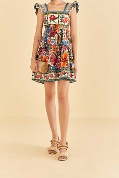 Off-White Tropical Yard Sleeveless Mini Dress Tropical Yard, Nature Elements, Tropical Twist, Fall Fashions, Tropical Dress, Farm Rio, Flowy Skirt, Sleeveless Mini Dress, Invisible Zipper