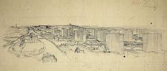 an old drawing of a city with tall buildings