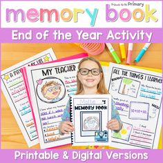 the end of the year activity book for kids with pictures and text that reads, memory book