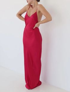 Low Tide Maxi Dress | Chili Pepper – Rumored Chic Tie Back Slip Dress For Prom, Silk V-neck Slip Dress For Prom, Chic Satin V-neck Backless Dress, Sleek Backless Dress With Cowl Back For Date Night, Chic Strappy Back Slip Dress For Date Night, Elegant Strappy Back Slip Dress For Night Out, Satin Finish Maxi Slip Dress For Night Out, Elegant Slip Dress With Strappy Back For Night Out, Satin Finish Maxi Length Slip Dress For Night Out