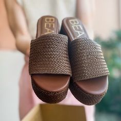 These Slip-On Platform Sandals From Matisse Look Great With All Your Summer ‘Fits! Made In Woven Rattan In Chocolate Brown Color. Brand New! New In Box 2" Heel / Platform Full Sizes Only; We Recommend Ordering The Next Size, If You're A Half Size * Urban Outfitters, Princess Polly, Nasty Gal, Pac Sun * Woven Leather Sandals For Beach Vacation, Espadrille Heels For Beach Vacation, Comfortable Open Toe Heels For Beach, Synthetic Heels For Vacation, Beach Straw Heels, Brown Heels For Summer Vacation, Beach Wedge Sandals With Textured Sole And Round Toe, Natural Woven Leather Wedge Sandals For Vacation, Brown Synthetic Sandals For The Beach