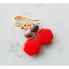 The Bright Red Cloisonne Earrings Are Composed Of Gold Plated Components And Red Czech Glass Hexagon And Round Beads. The Earrings Measure 1.25" Long. They Will Come Packaged Ready For Gift Giving. Red Faceted Beads Earrings For Festive Occasions, Holiday Red Beaded Earrings With Ear Wire, Elegant Red Czech Glass Earrings, Red Beaded Jewelry For Gifts, Red Jewelry With Colorful Beads For Gift, Gift Red Jewelry With Colorful Beads, Red Dangle Jewelry With Faceted Beads, Festive Red Nickel-free Jewelry, Nickel-free Red Beaded Round Earrings