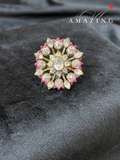 Silver Moissanite Polki & Pink Enamel Ring, Indian Traditional Ring, Polki Ring , Adjustable Ring ,Indian Wedding Jewelery, Travel Ring, Statement Ring Material : Silver Gemstone: Moissanite, Swarovski Stones and Pink Enamel Stone colour: Uncut Polki Primary colour: Gold Ring Size : Adjustable Silver Intricate, hand crafted, Pure Silver Polki Rings , studded with high quality Moissanite Polki , made in 92.5 silver with 22ct gold plating. Product comes with 92.5 silver hallmark. - We also Cus Exquisite Gemstone Cluster Ring For Wedding, White Diamond Ruby Ring For Wedding, White Diamond Ruby Wedding Ring, Traditional Oval Wedding Rings, Dazzling Multi-stone White Diamond Ring, Ceremonial Oval Diamond Rings, White Ruby Wedding Ring In Fine Jewelry Style, White Diamond Enamel Ring, Exquisite Gemstone Flower Ring For Wedding