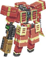 a pixellated image of a red and yellow robot with two arms, holding a tool