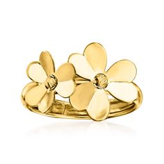 Ross-Simons - Italian 14kt Yellow Gold Flower Ring Size 5. Crafted in Italy, two beautiful blooms glisten in polished 14kt yellow gold. This ring is the perfect feminine touch to an everyday look. 3/8" wide. 14kt yellow gold flower ring. Daisy Ring Engagement, Essential Jewelry, Jewelry Presentation, Gold Ring For Women, Gold Flower Ring, Jewelry Styles, Fine Jewelery, Floral Studs, Turquoise Flowers