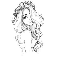 a drawing of a girl with long hair and flowers in her hair, wearing a tiara