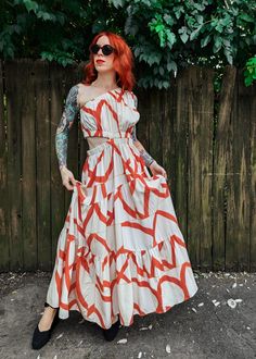 Little Lies Yasmin One Sleeve Midi-Maxi Dress. Beige and Orange abstract pattern in a linen Tencel fabrication Twirly Skirt, Nine Lives, Beach Baby, Muscle Tee, Farmer's Market, Tropical Vacation, Midi Maxi Dress, Girl Bands, Shoulder Design